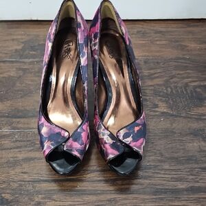 Carlos by Carlos Santana Floral Peep-Toe Heels in Pink & Black